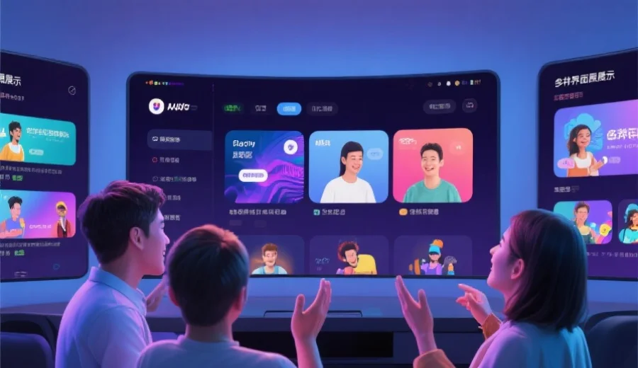 现代感十足的应用界面展示多样化娱乐功能模块，用户在屏幕前进行互动，氛围轻松愉快