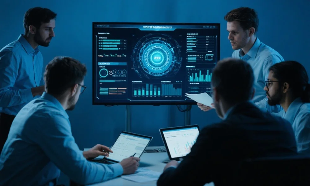 网络安全专家团队正在分析安全日志和威胁情报，显示屏上呈现实时网络安全数据