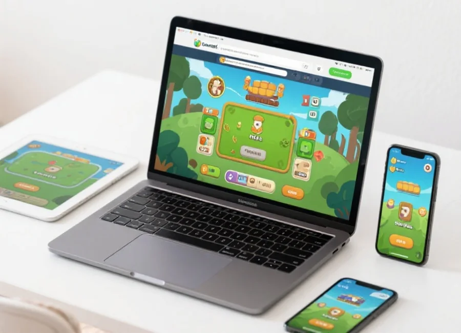 一台笔记本电脑屏幕上显示网页游戏界面，旁边有智能手机和平板，体现多设备兼容性