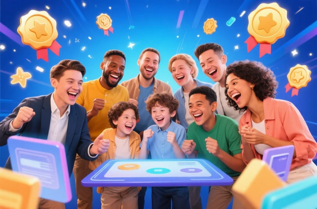 问鼎娱乐用户在数字平台上愉快互动，背景是闪耀的奖励和成就图标